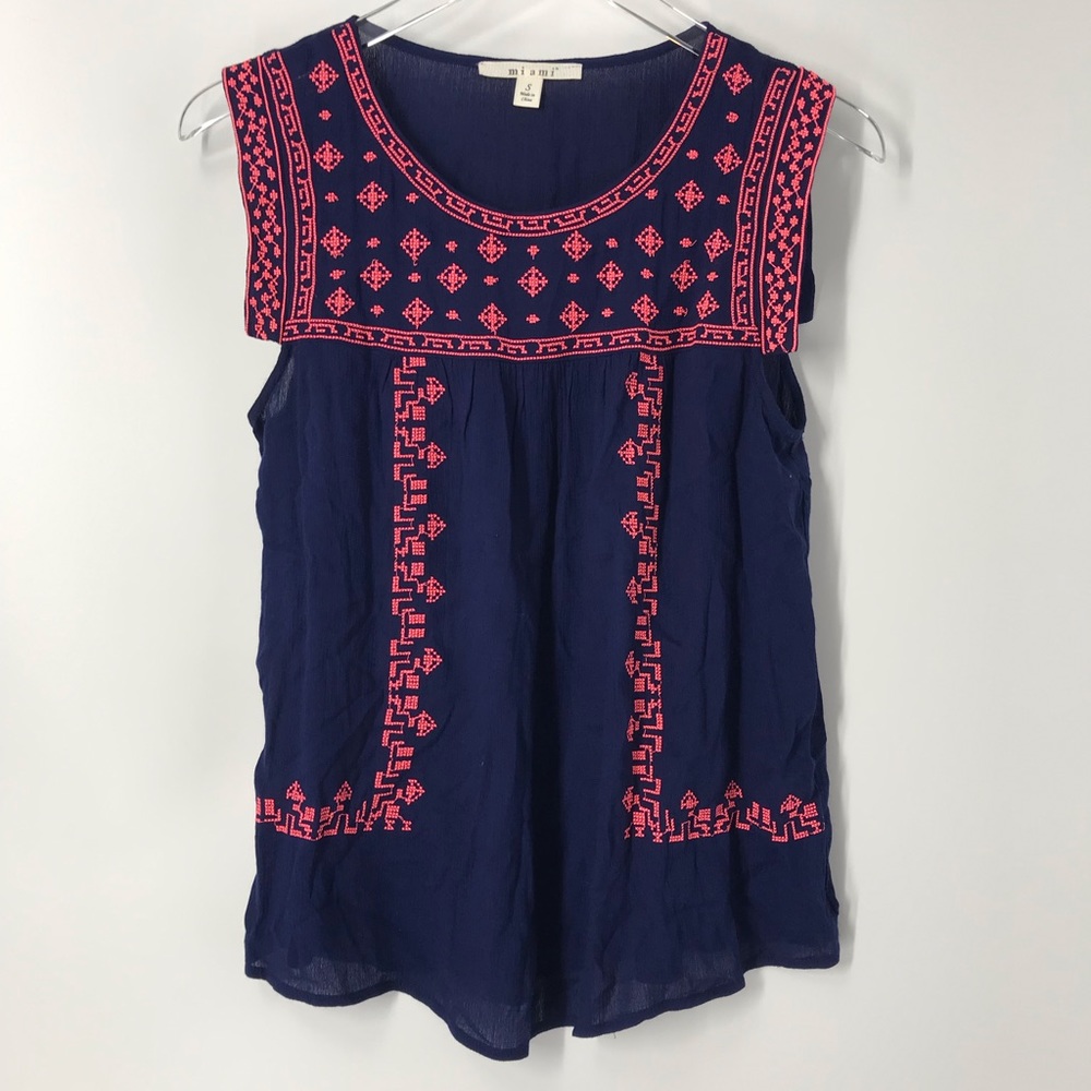 Navy blue blouse with bright pink embroidery by Miami size small.